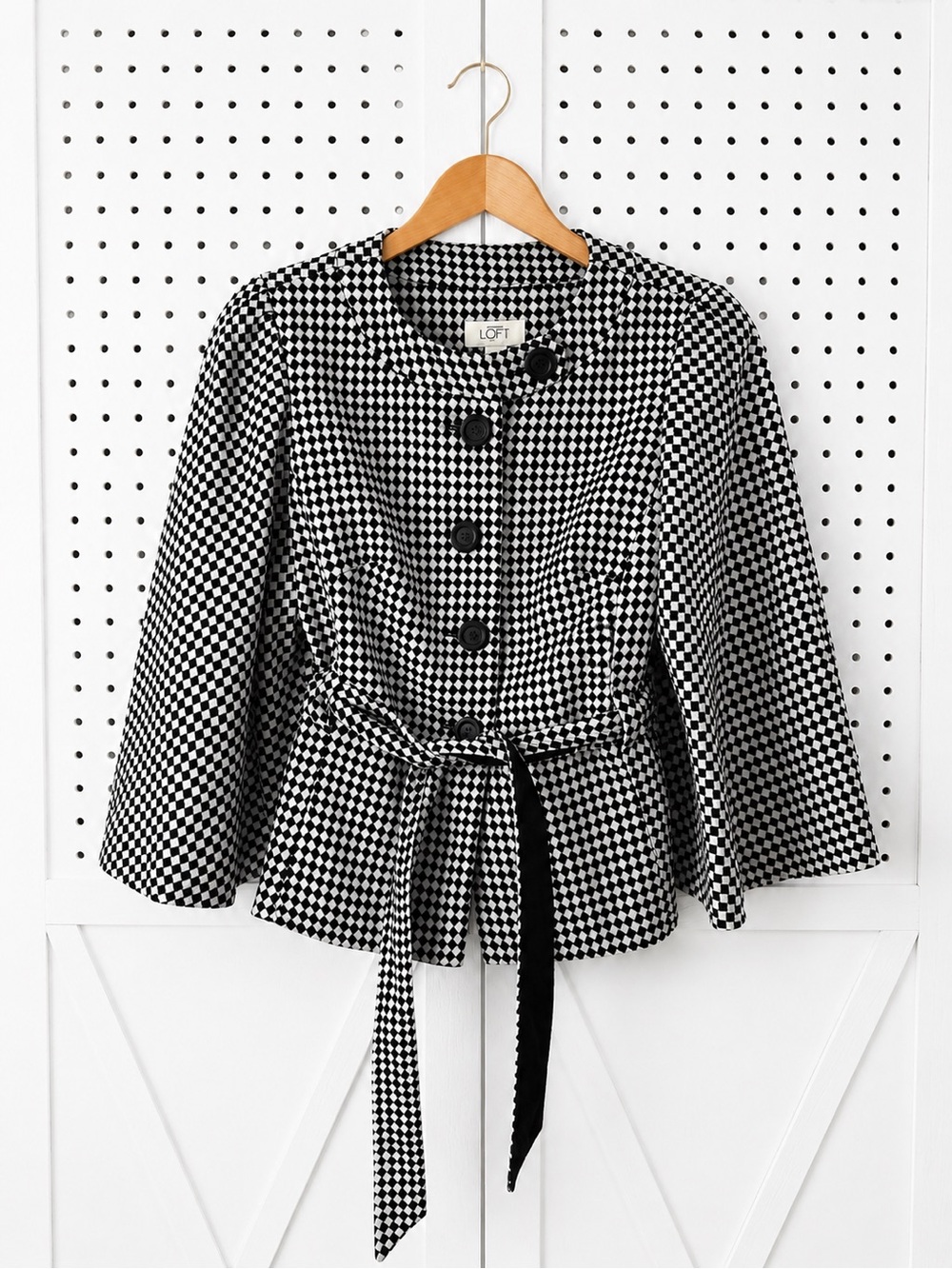 LOFT Black White Houndstooth Belted Wool Blend Blazer Jacket Size 2 Career Chic